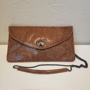 Sorial New York Brown Embossed Leather Snakeskin Chain Strap Clutch Bag
